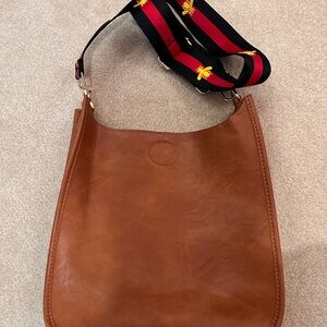 Tan Crossbody Bag with Embroidered Strap